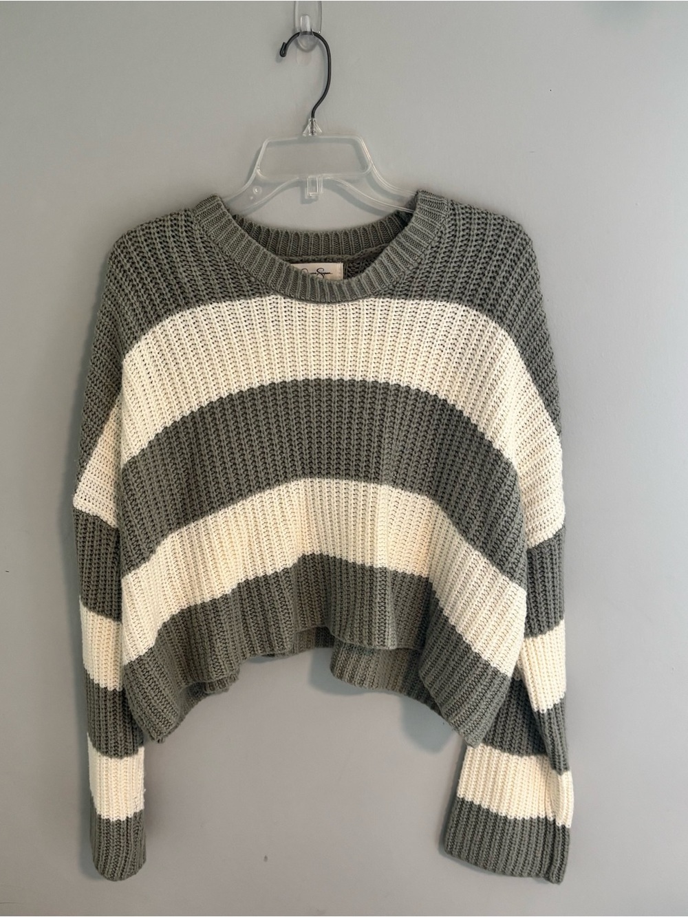 Cropped Oversized Striped Sweater - Cream & Green